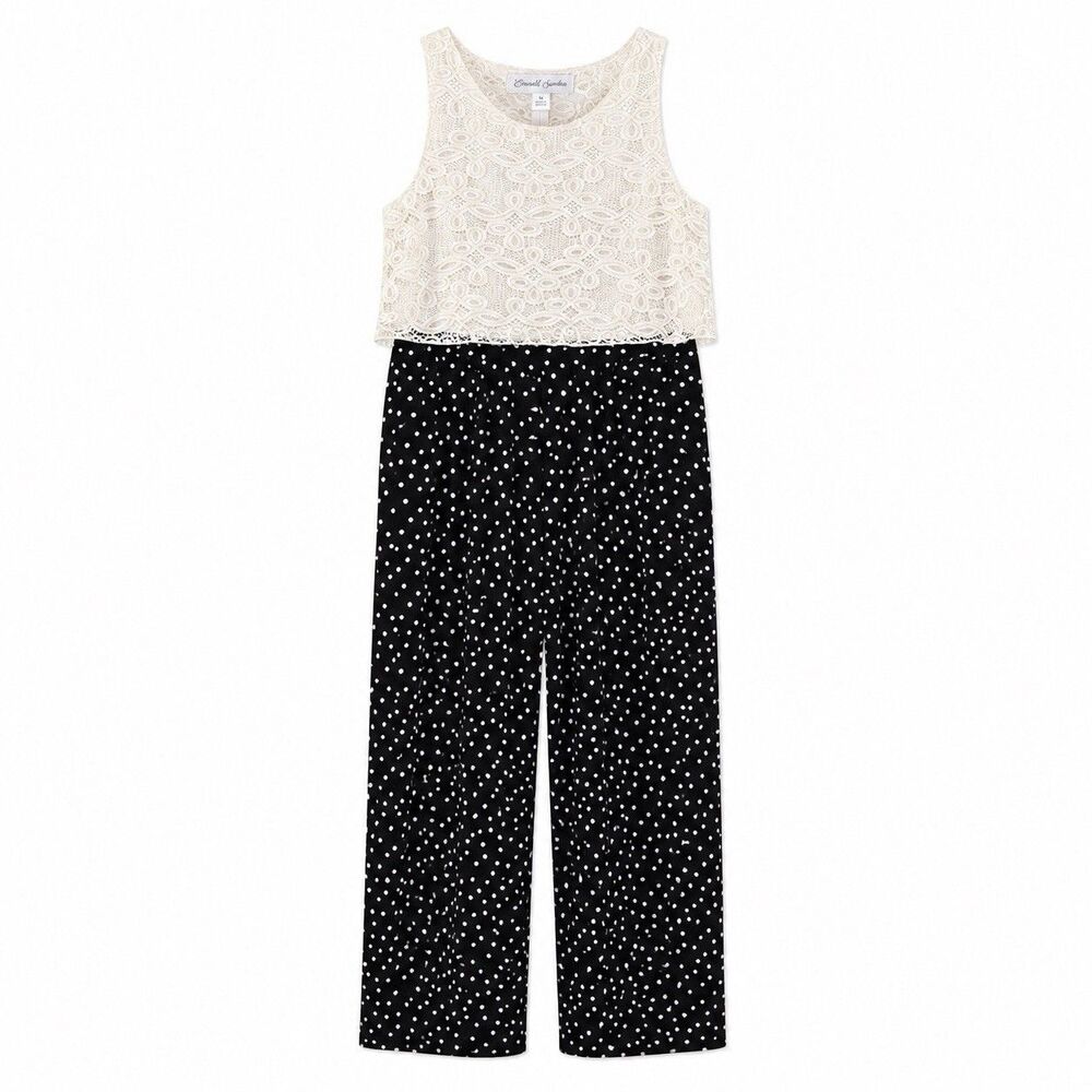 Emerald Sundae Jumpsuit Women's Medium Black Polka Dot Lace Sleeveless Party